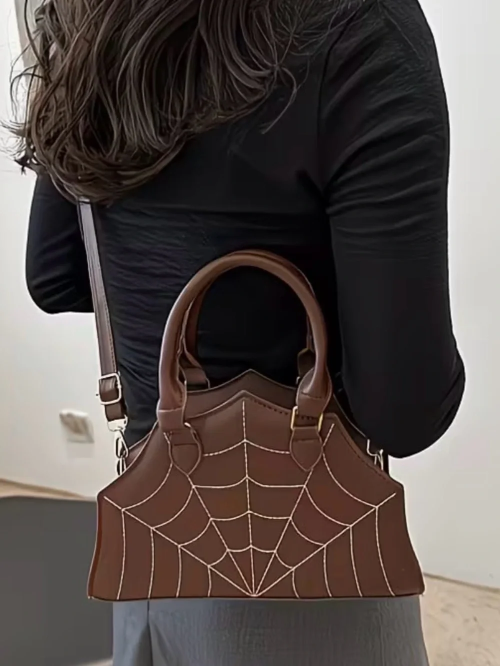 Brown Spiderweb-Embroidered Satchel Handbag - Picture 2 of 3